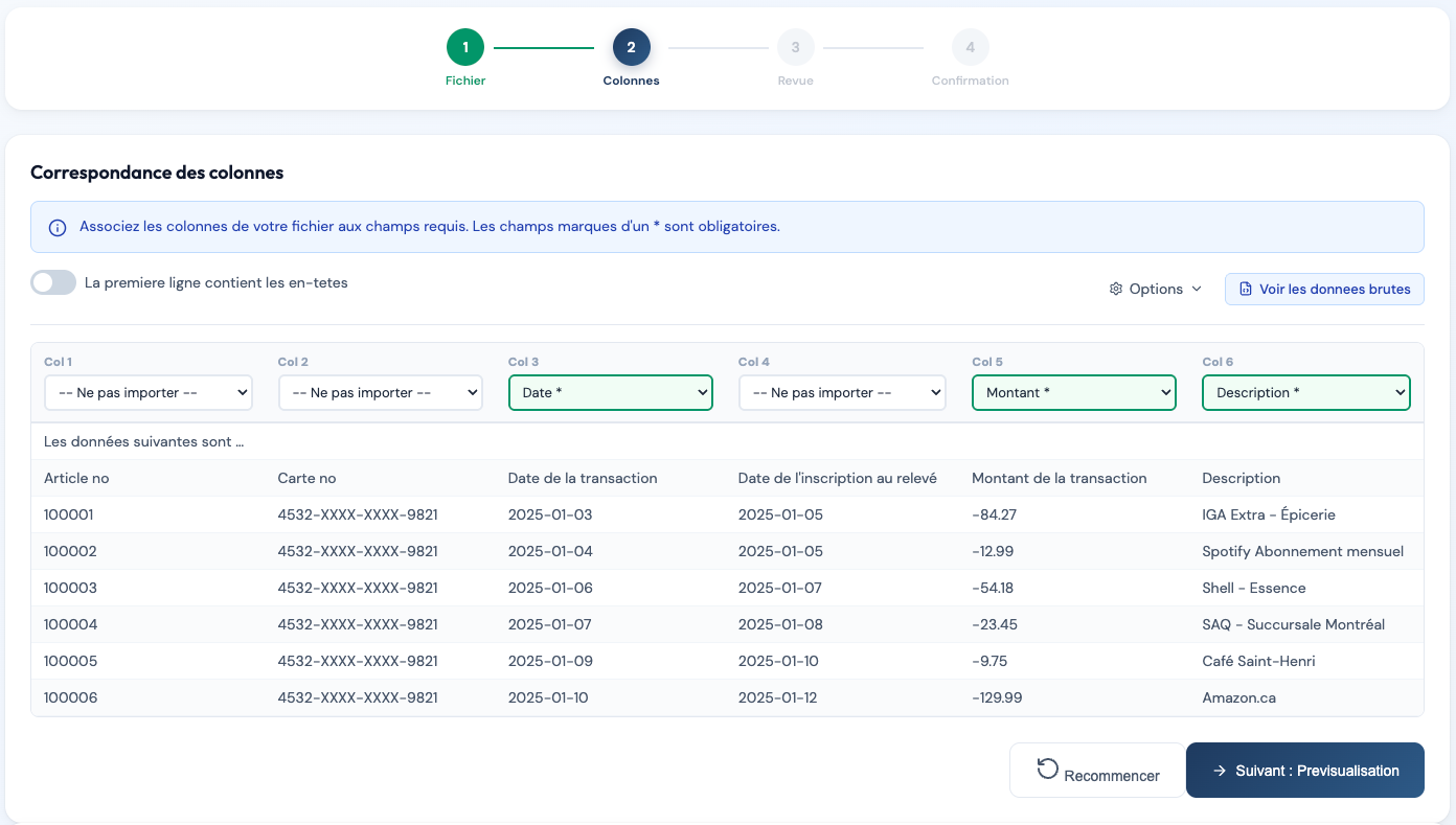Association des colonnes CSV