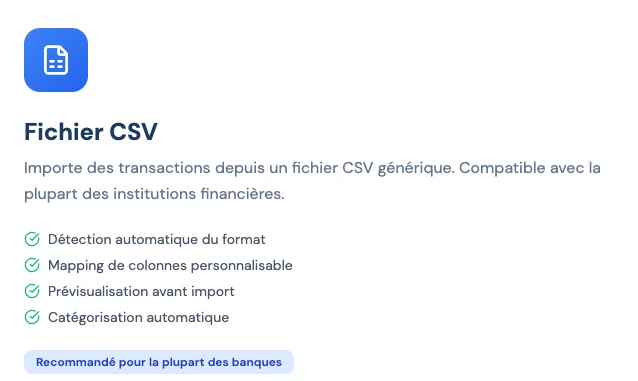 Import CSV avec détection automatique du format bancaire