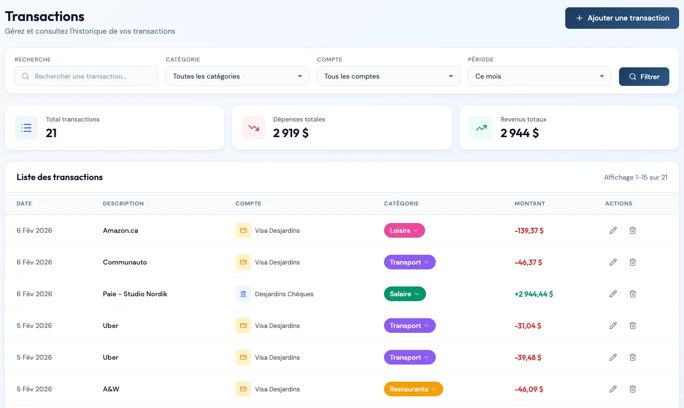 Liste des transactions avec catégories et montants dans Piastro